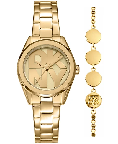 Dkny Women's Logo Quartz Gold-Tone Stainless Steel Bracelet Watch 28mm Gift Set