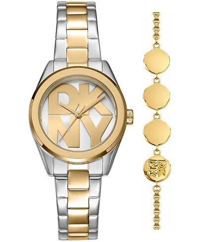 Dkny Women's Logo Quartz Two-Tone Stainless Steel Bracelet Watch 28mm Gift Set
