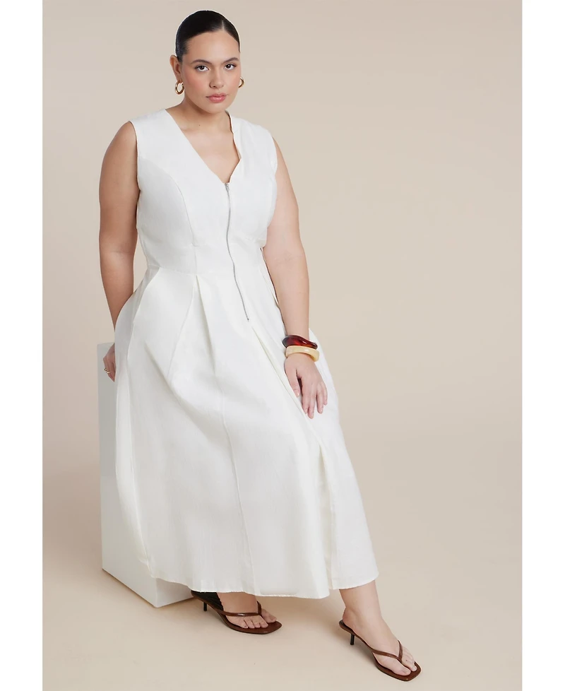 Eloquii Women's Zipper Detail Linen Maxi Dress