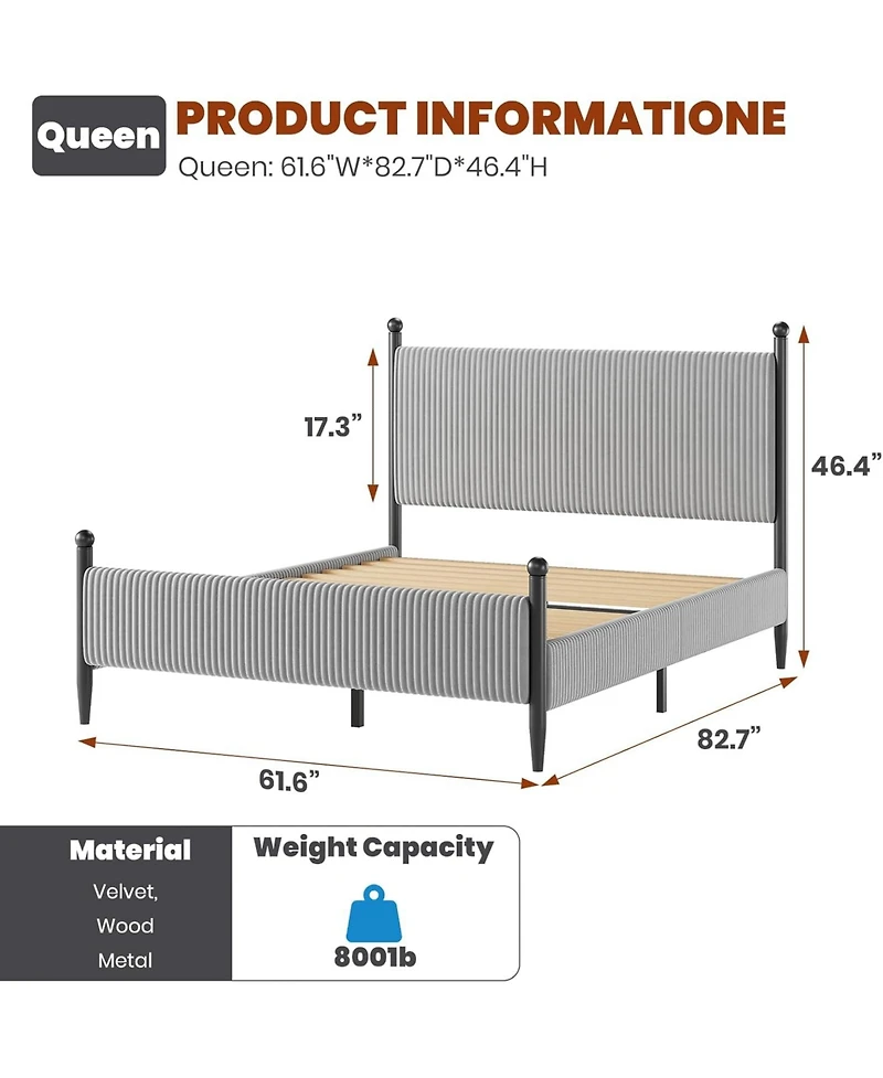 gaomon Queen Upholstered Bed Frame with Velvet Headboard, Corduroy Platform, Easy Assembly