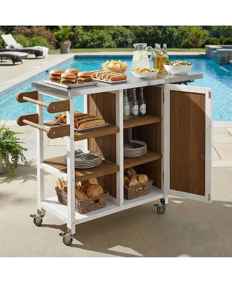 sumyeg Foldable Outdoor Kitchen Island Cart with Lockable Wheels, Storage Cabinet and Towel Rack