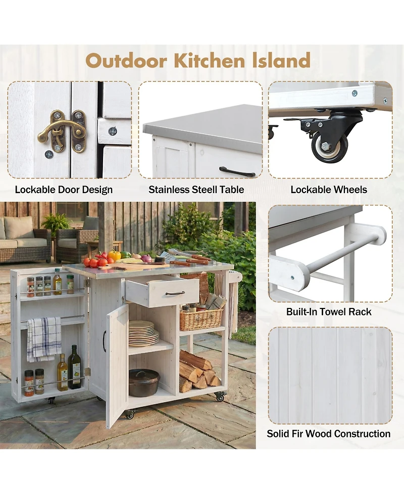 sumyeg Outdoor Kitchen Island Fir Wood Prep Station Cart with Stainless Top, Storage, Towel and Spice Racks