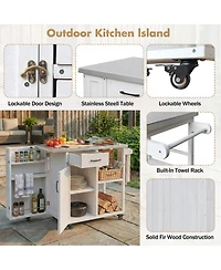 sumyeg Outdoor Kitchen Island Fir Wood Prep Station Cart with Stainless Top, Storage, Towel and Spice Racks