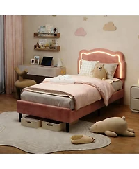 gaomon Twin Smart Led Bed Frame with Velvet Headboard, Upholstered Platform