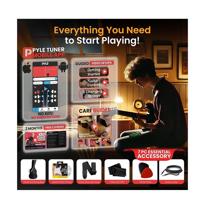 Pyle St Style Electric Guitar Kit with 5W Amplifier and Accessories (PEGKT400NT) - High Gloss