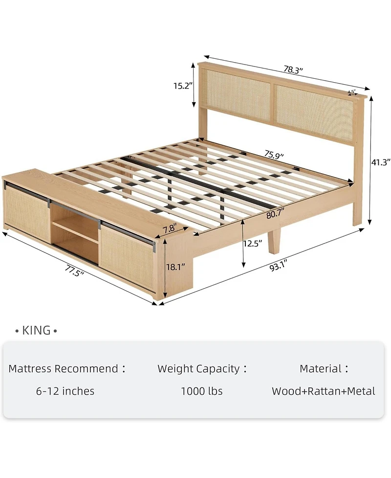 gaomon Rattan King Size Bed Frame with Sliding Barn Door Storage Cabinets and Led Light Headboard, Boho Farmhouse Wood Platform Bed with Solid