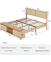 gaomon Rattan King Size Bed Frame with Sliding Barn Door Storage Cabinets and Led Light Headboard, Boho Farmhouse Wood Platform Bed with Solid