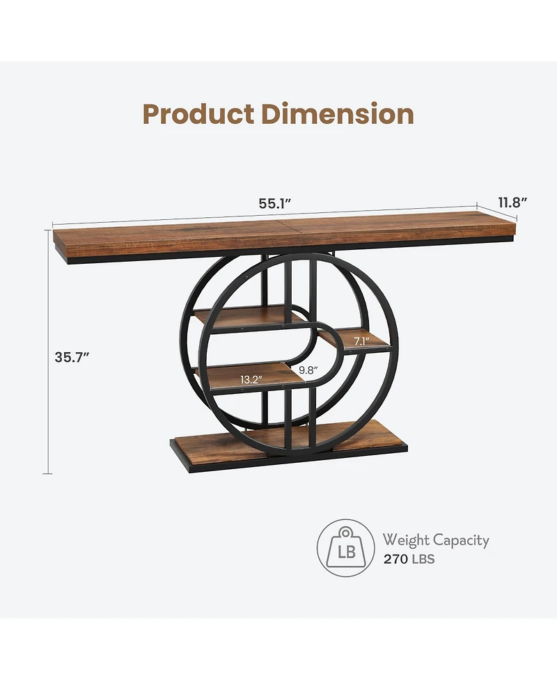 gaomon 55" Industrial Narrow Console Sofa Table with O-Shaped Metal Frame and 5-Tier Storage