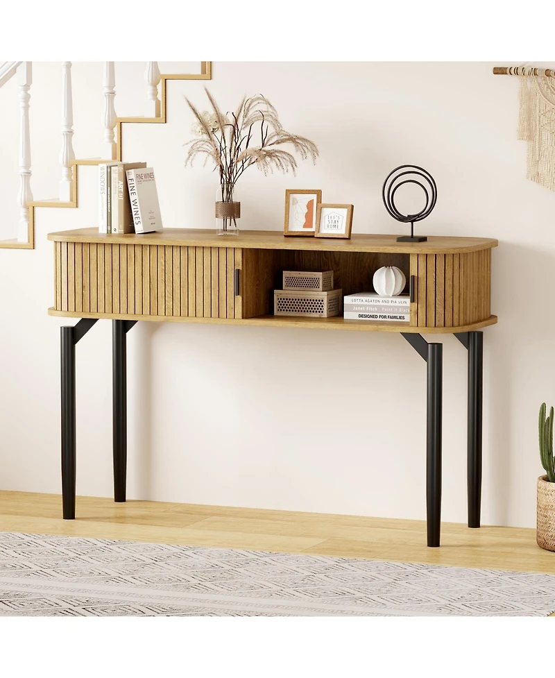gaomon 47" Modern Wooden Fluted Console Table with Sliding Door and Storage, Sofa Table for Living Room