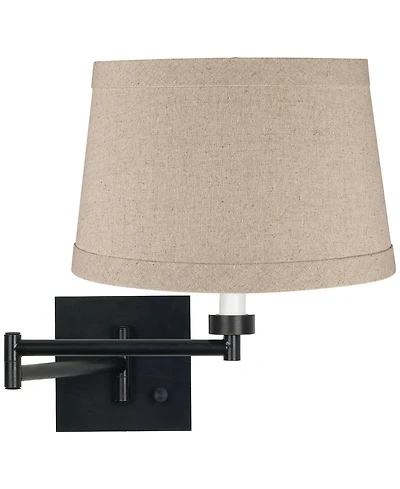 Franklin Iron Works Modern Swing Arm Wall Lamp Plug-In Light Fixture Linen Drum Shade for Bedroom Bedside Reading