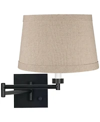 Franklin Iron Works Modern Swing Arm Wall Lamp Plug-In Light Fixture Linen Drum Shade for Bedroom Bedside Reading