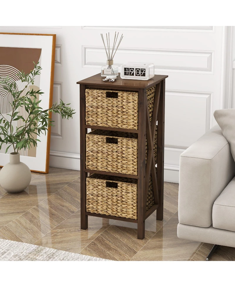 Gouun 3-Tier Narrow Nightstand with 2 Woven Baskets and X-Frame Design