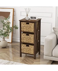 Gouun 3-Tier Narrow Nightstand with 2 Woven Baskets and X-Frame Design