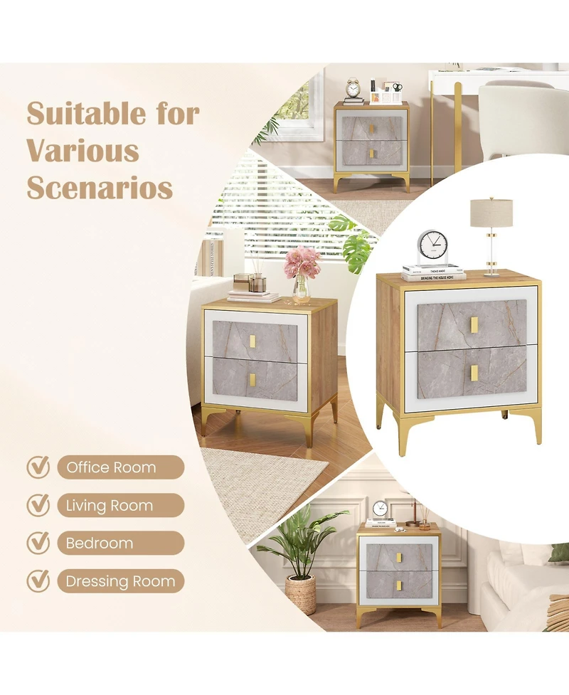 Gouun Marble-Motif Nightstand with 2 Pull-Out Drawers and Metal Legs