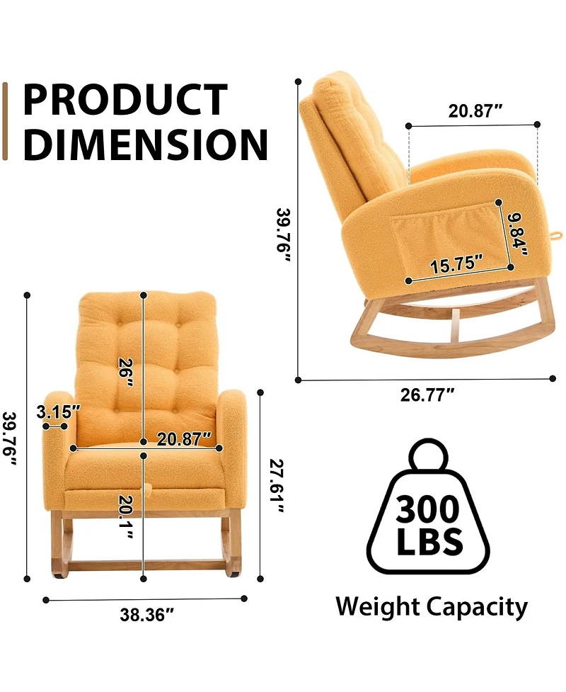 Rainsken Modern Plush Teddy Rocking Recliner Chair, Comfort Accent Chair with Hidden Side Pocket and Pull-out Footrest for Living Rooms, Balcony