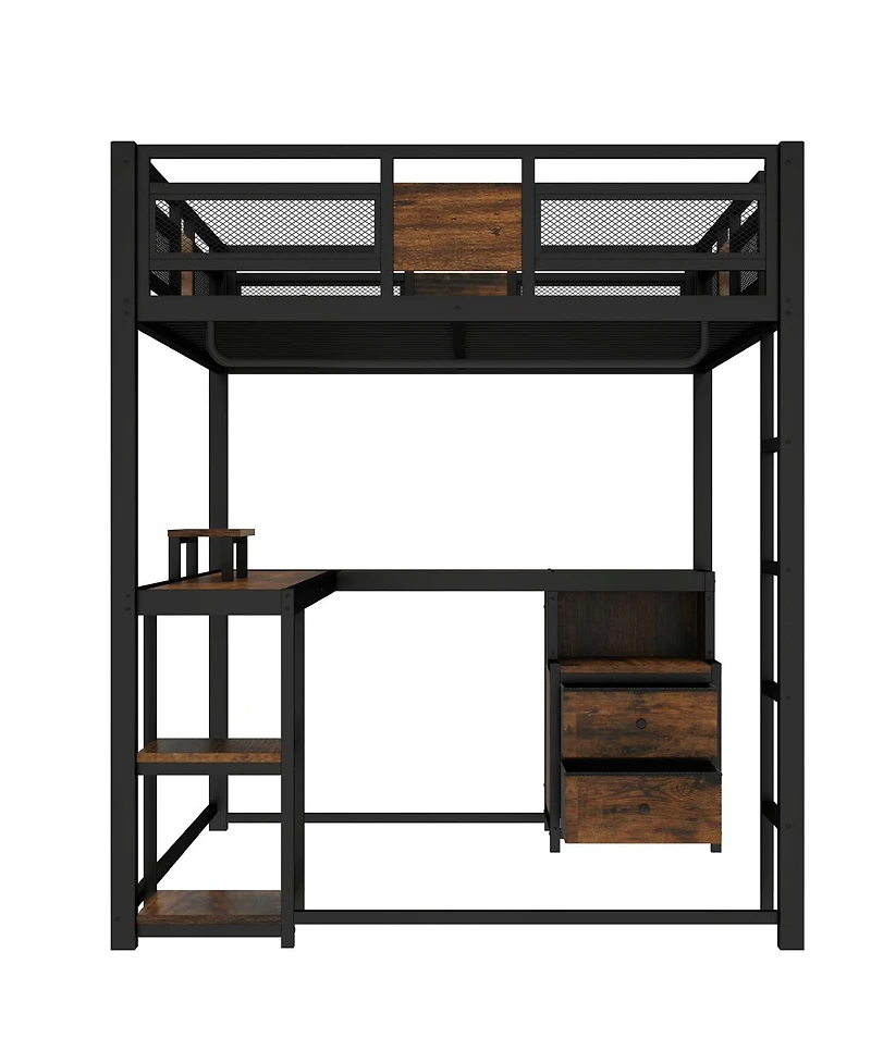 Streamdale Furniture Metal Queen Loft Bed with Desk and Storage Drawers