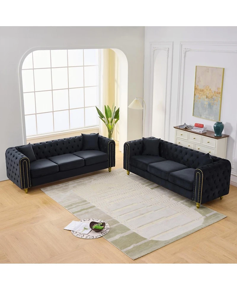 Streamdale Furniture 3+3 Velvet Chesterfield Sofa with Gold Legs