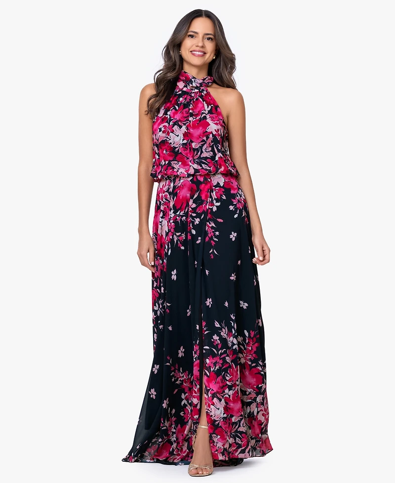Betsy & Adam Women's Halter Neck Long Souffle Chiffon Floral Print Dress