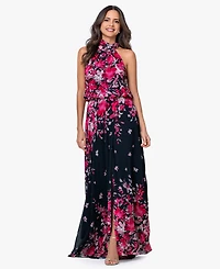 Betsy & Adam Women's Halter Neck Long Souffle Chiffon Floral Print Dress