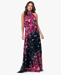 Betsy & Adam Women's Halter Neck Long Souffle Chiffon Floral Print Dress