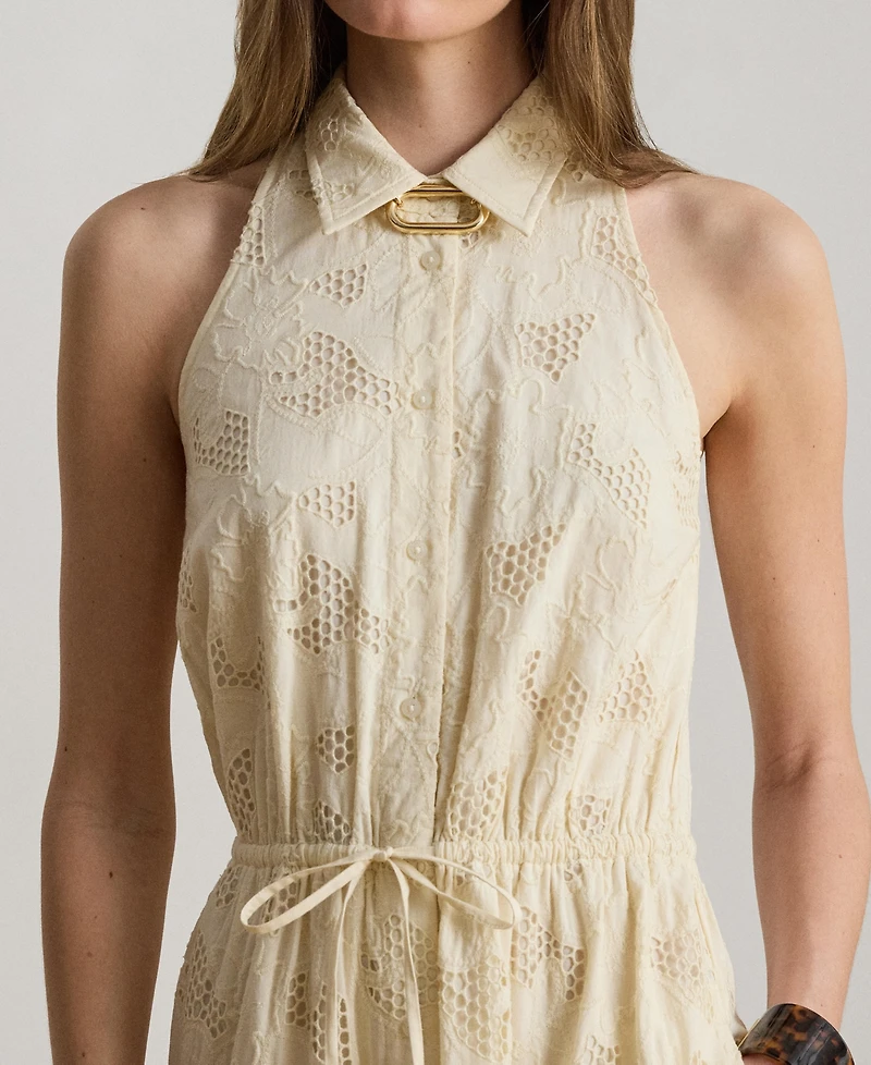 Lauren Ralph Women's Spread Collar Floral-Eyelet Voile Tiered Shirt Dress