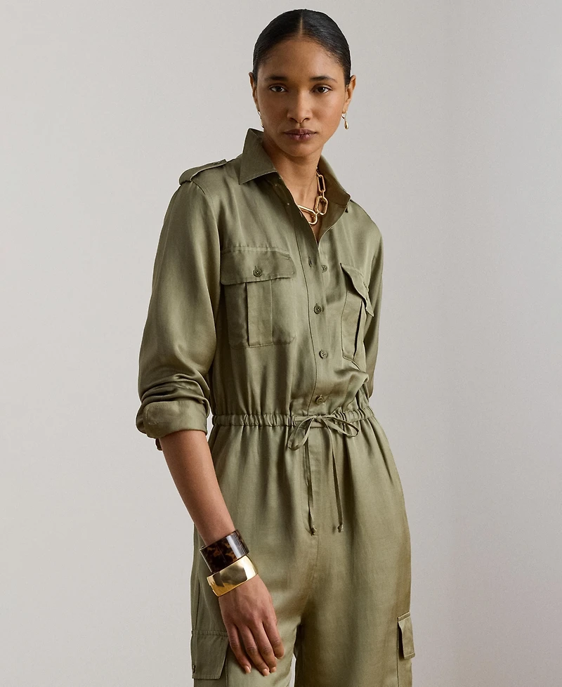 Lauren Ralph Women's Spread Collar Shantung Cargo Jumpsuit