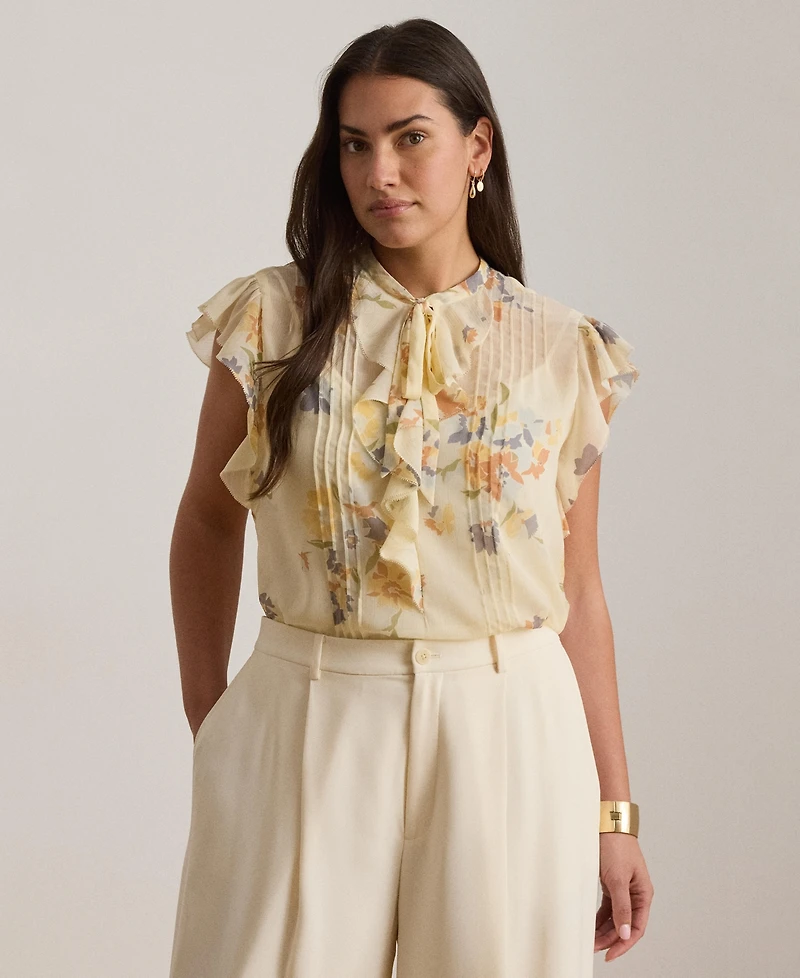 Lauren Ralph Women's Floral Pintucked Band Collar Tie-Neck Blouse
