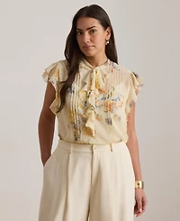 Lauren Ralph Women's Floral Pintucked Band Collar Tie-Neck Blouse