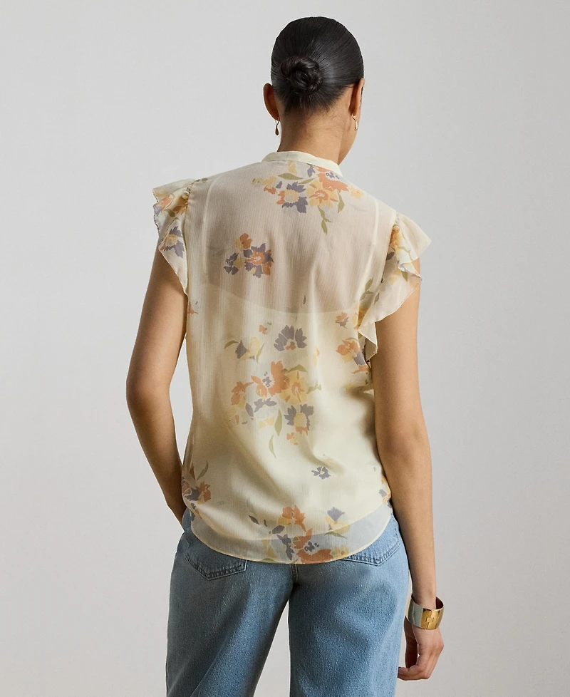 Lauren Ralph Women's Floral Pintucked Band Collar Tie-Neck Blouse
