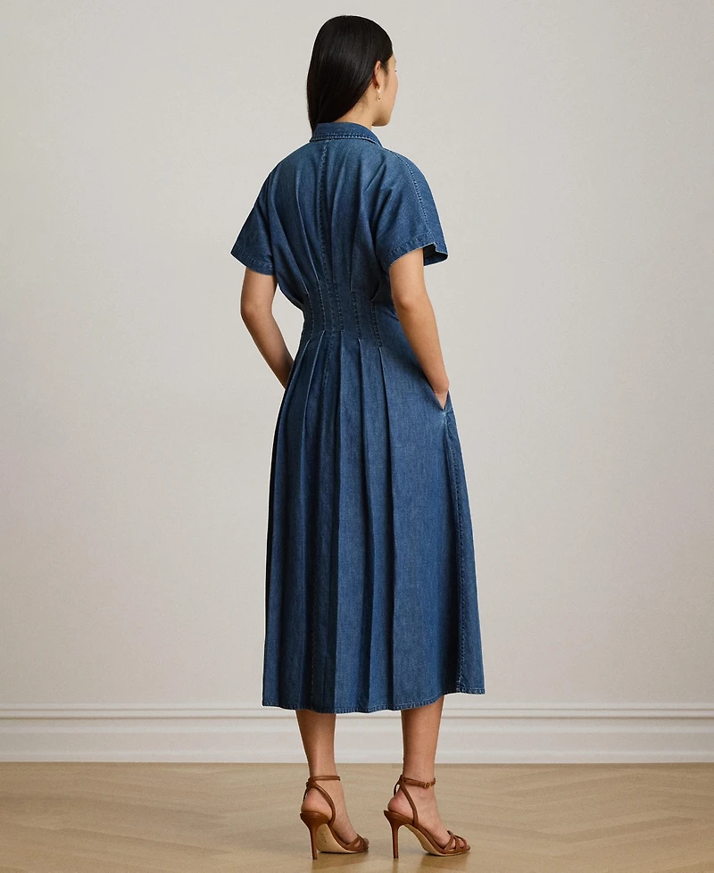 Lauren Ralph Women's Point Collar Pleated Denim Shirt Dress