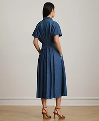 Lauren Ralph Women's Point Collar Pleated Denim Shirt Dress