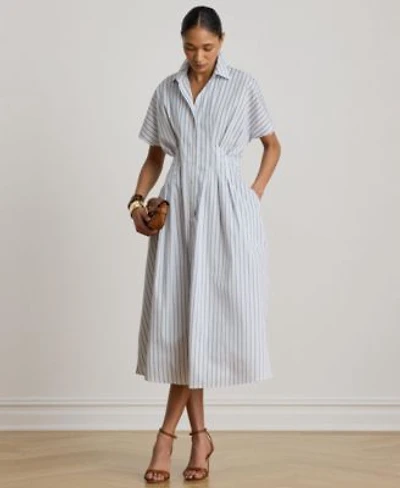 Lauren Ralph Lauren Womens Point Collar Striped Pleated Broadcloth Shirt Dress