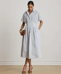 Lauren Ralph Lauren Womens Point Collar Striped Pleated Broadcloth Shirt Dress