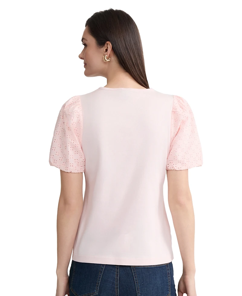 Jones New York Women's Eyelet Puff-Sleeve Crew Neck Top