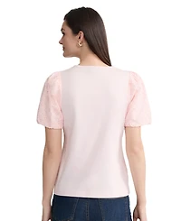 Jones New York Women's Eyelet Puff-Sleeve Crew Neck Top
