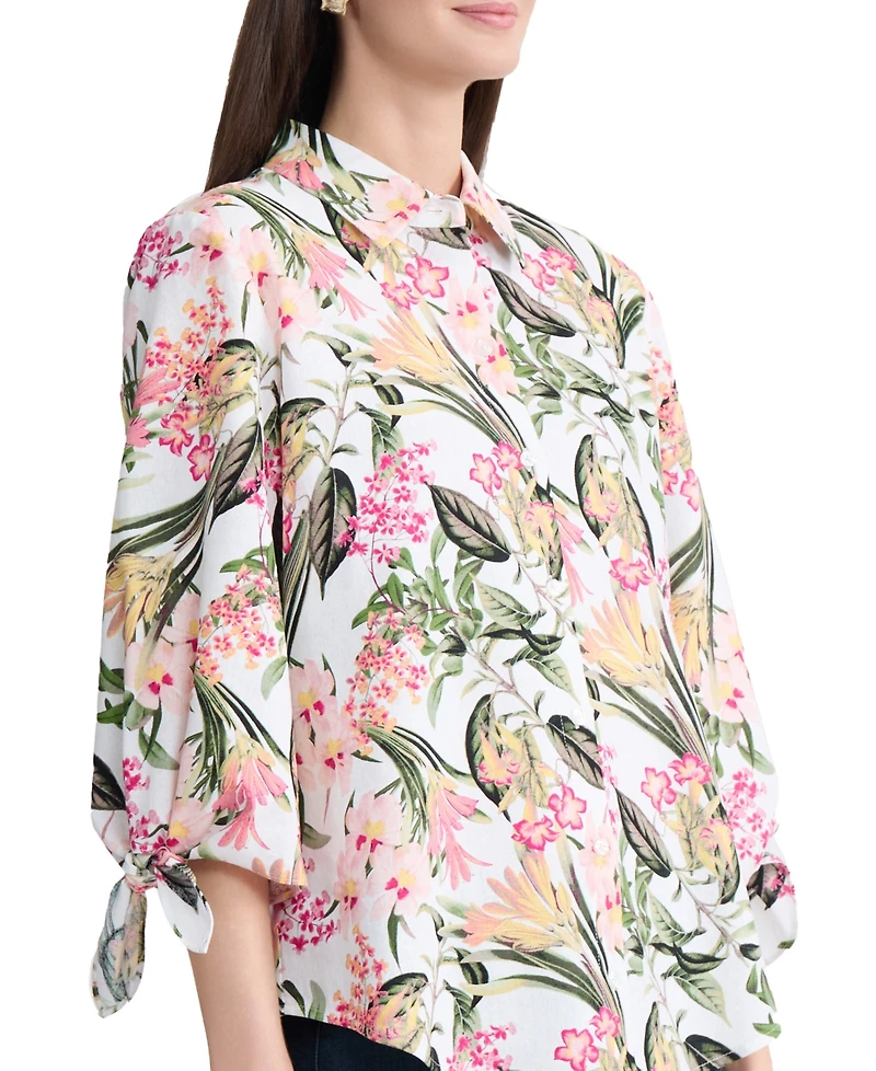 Jones New York Women's Collared Printed Tie-Sleeve Shirt