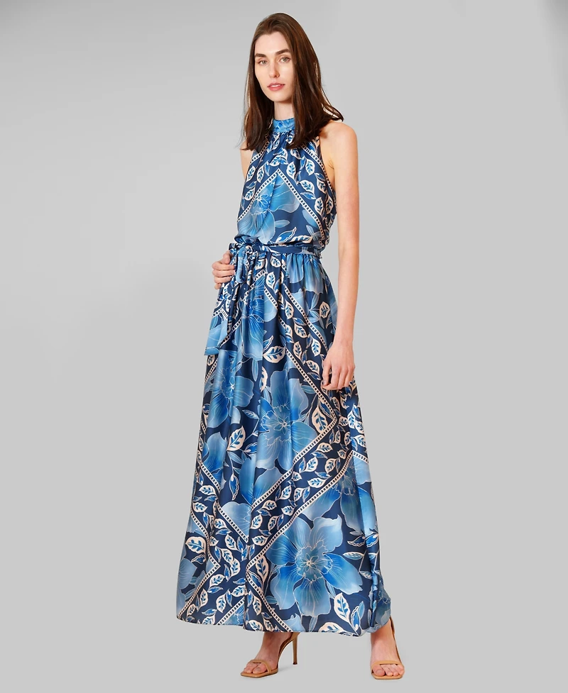 julia jordan Women's Printed Satin Halter Neck Maxi Dress