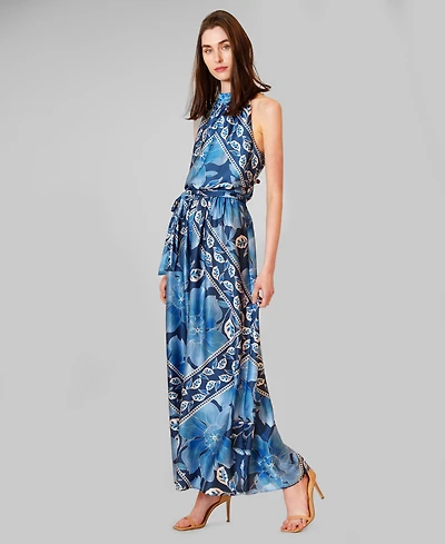 julia jordan Women's Printed Satin Halter Neck Maxi Dress