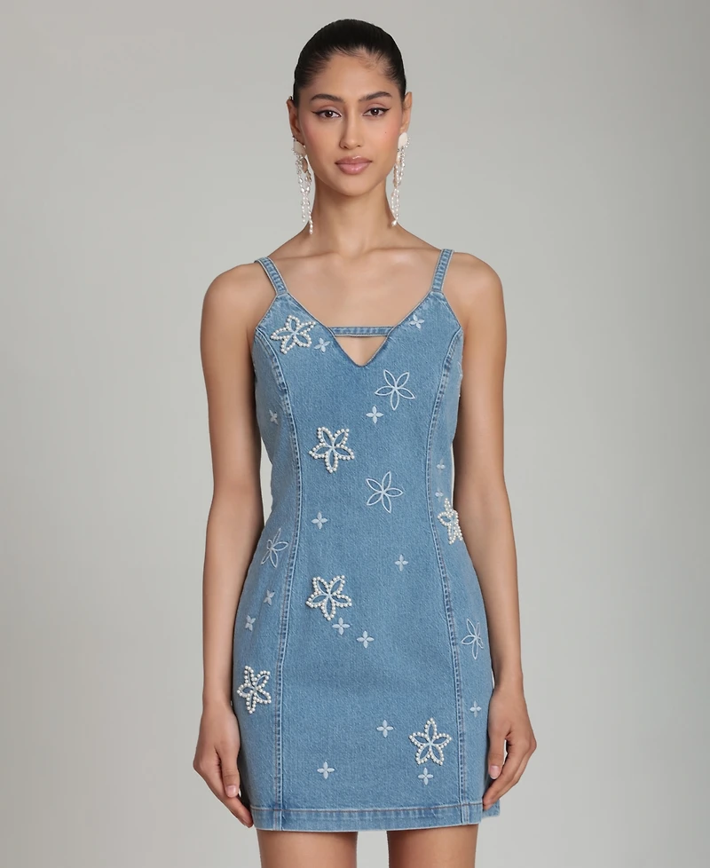 Avec Les Filles Women's Imitation Pearl Embroidered Detail Mini Dress