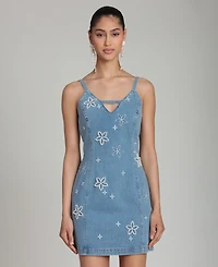 Avec Les Filles Women's Imitation Pearl Embroidered Detail Mini Dress