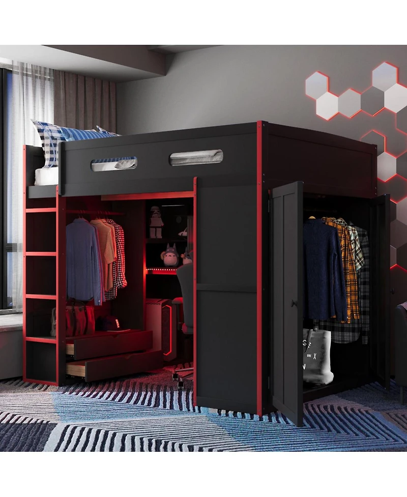 Streamdale Furniture Loft Bed with Desk, Wardrobe, Storage, Rgb Light