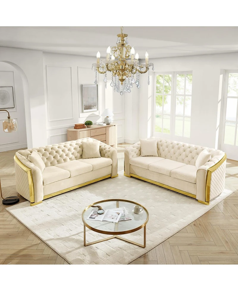 Streamdale Furniture Velvet Tufted Luxury Sofa with Gold Steel Trim
