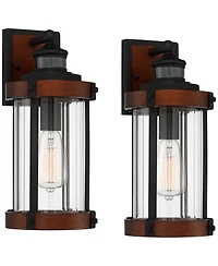 John Timberland Stan Industrial Outdoor Wall Light Fixtures Set of 2 Dark Wood Motion Sensor 15 Clear Glass for Porch Patio