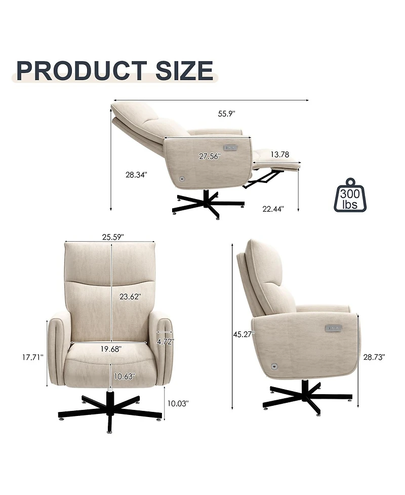 Streamdale Furniture Electric Swivel Recliner with Usb/Type-c Charging