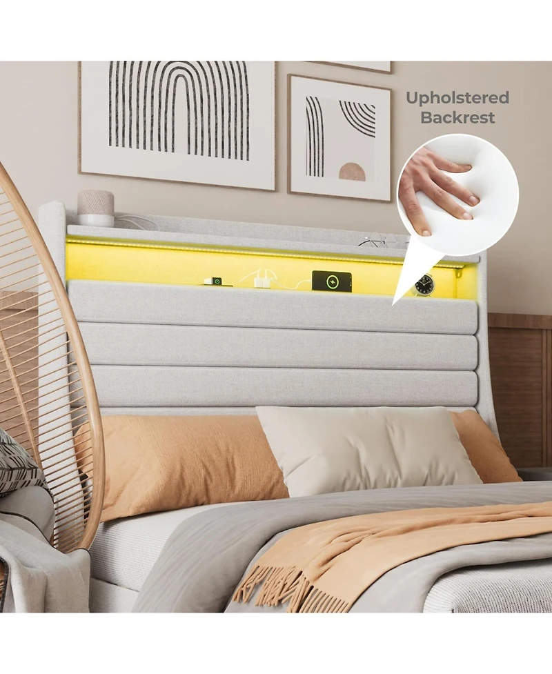 gaomon Led Bed Frame with Charging Station, Wooden Platform Upholstered Headboard and Slat Support, No Noise, Box