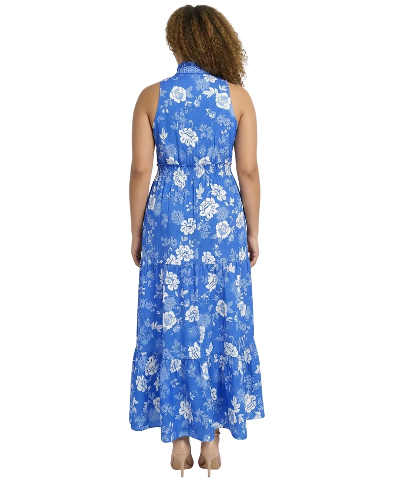 London Times Plus Ruffle Neck Printed Maxi Dress