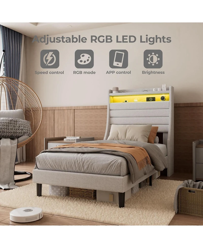 gaomon Led Bed Frame with Charging Station, Wooden Platform Upholstered Headboard and Slat Support, No Noise, Box