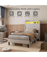 gaomon Led Bed Frame with Charging Station, Wooden Platform Upholstered Headboard and Slat Support, No Noise, Box