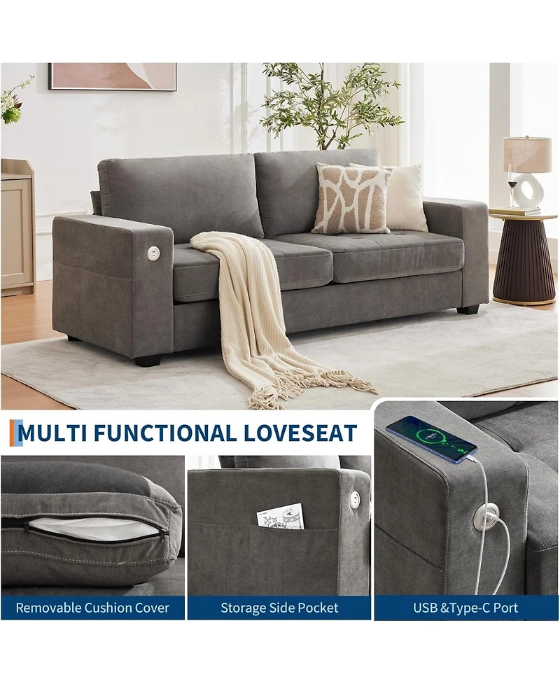 89" Versatile Contemporary Sectional Sofa Chenille Fabric for Two with Usb Charging Port and Side Storage Pocket, Cover Removable