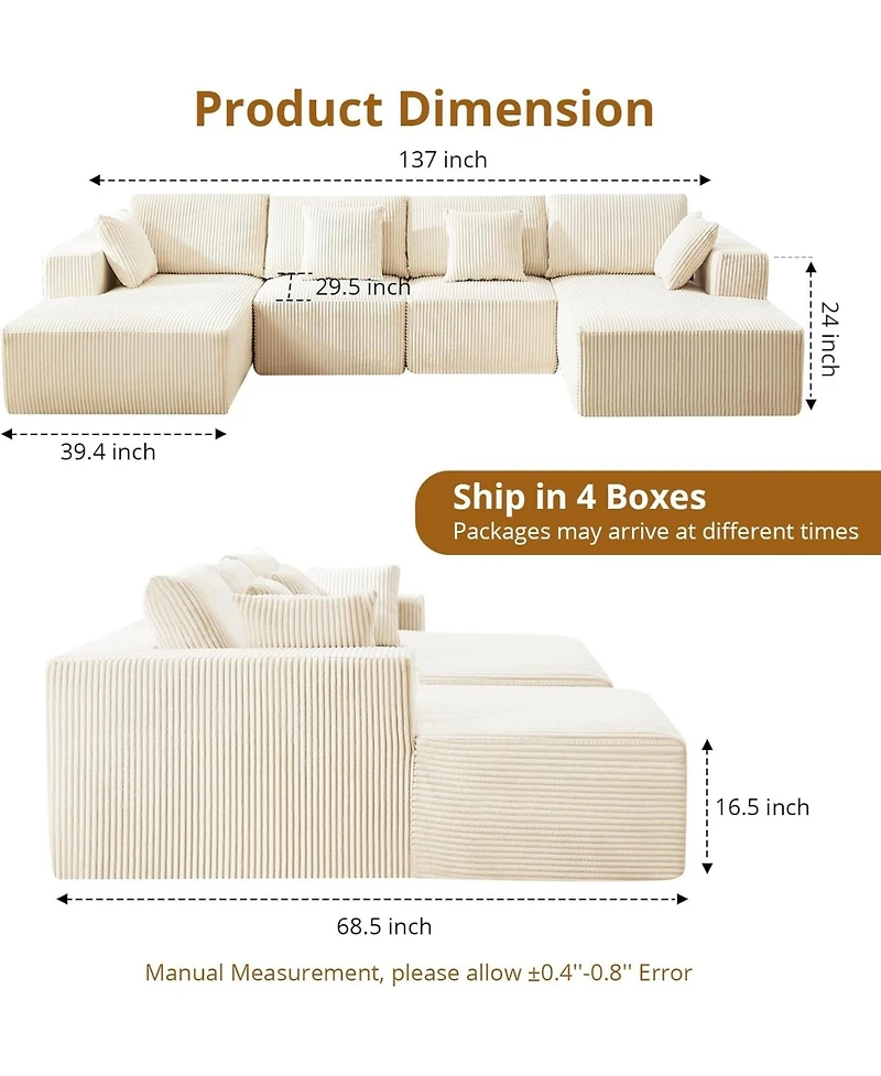 gaomon 137" Modular Sectional Sofa, Cloud Foam Sectional Couch with U-Shape Chaise/Throw Pillows/Plush Corduroy Fabric